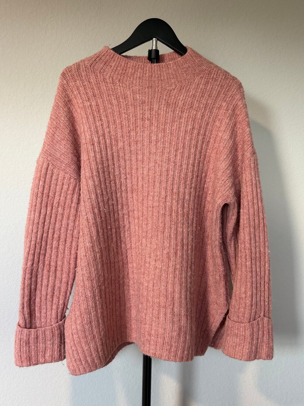 Old Navy Pink Mock Neck Ribbed Tunic Sweater Wool Blend Oversized Cozy